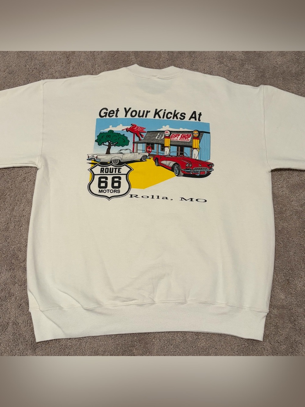 VTG Route 66 Get Your Kicks Rolla Mo Men’s White Sweater Size XL